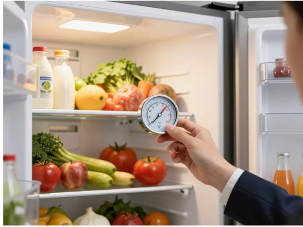Checking fridge temperature with appliance thermometer Checking fridge temperature with appliance thermometer