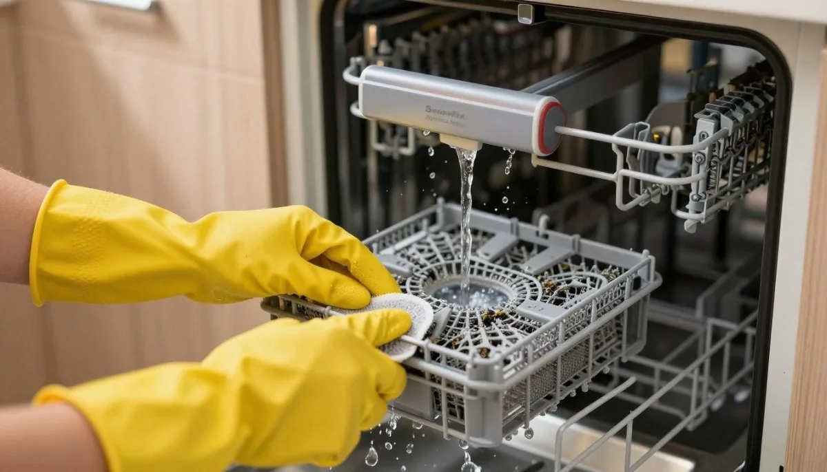 Dishwasher filter and spray arms cleaning process